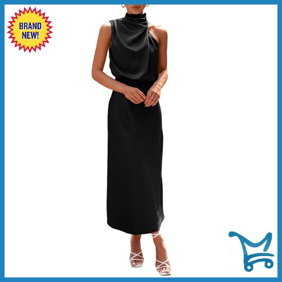 Satin Maxi Dress Sleeveless Mock Neck Formal Party Cocktail - Picture 1 of 8